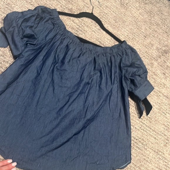 NWOT AGACI dark denim off shoulder button blouse - Picture 3 of 6